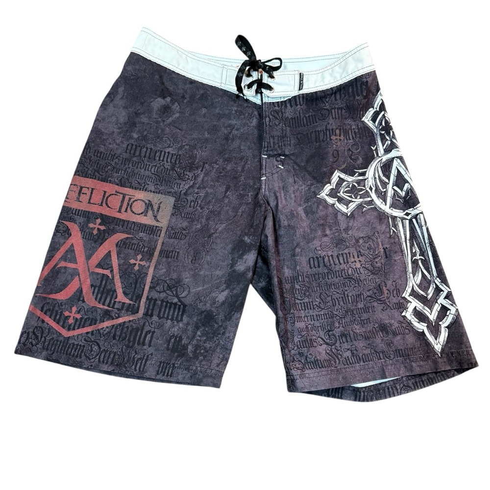 Affliction Graphic Board Shorts Mens Size 32 Red Black Swim Wear Surfer Y2K